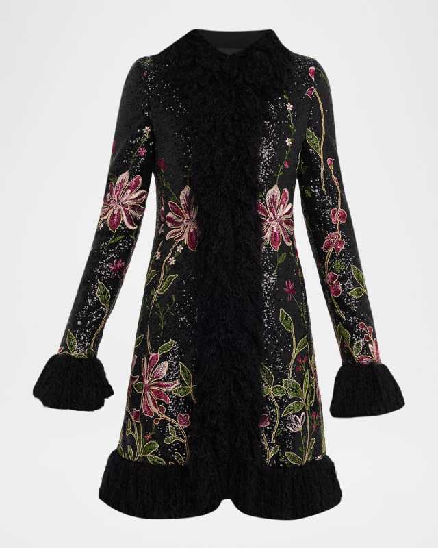 Sequin Embroidered Faux Fur Trim Coat